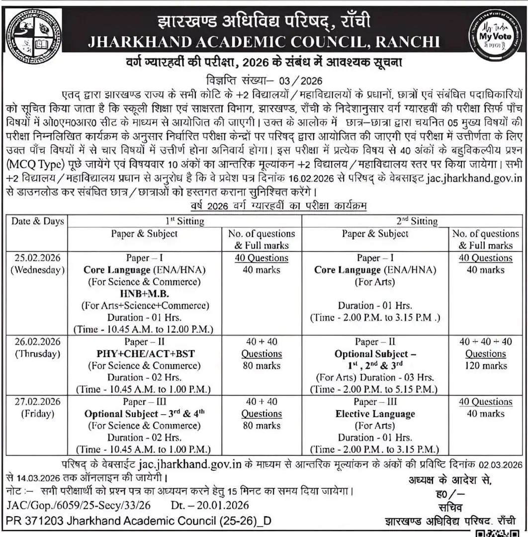 JAC 11th Time Table 2026 PDF
