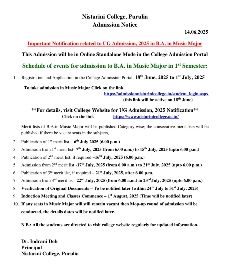 Nistarini College Purulia Admission Merit List 2025 Notice