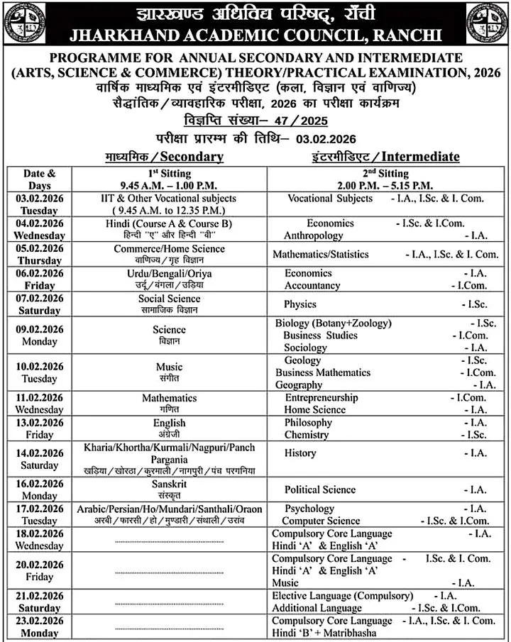 Jharkhand Board Time Table 2026 PDF