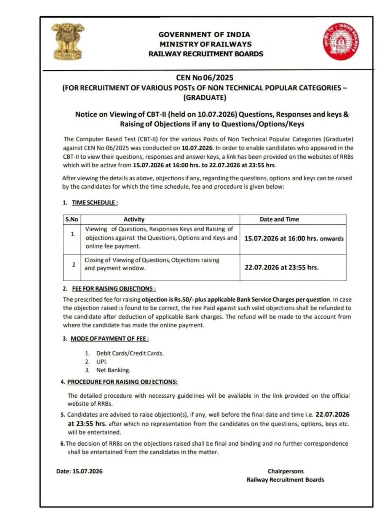 RRB NTPC Graduate Level CBT 2 Answer Key Notice 2026